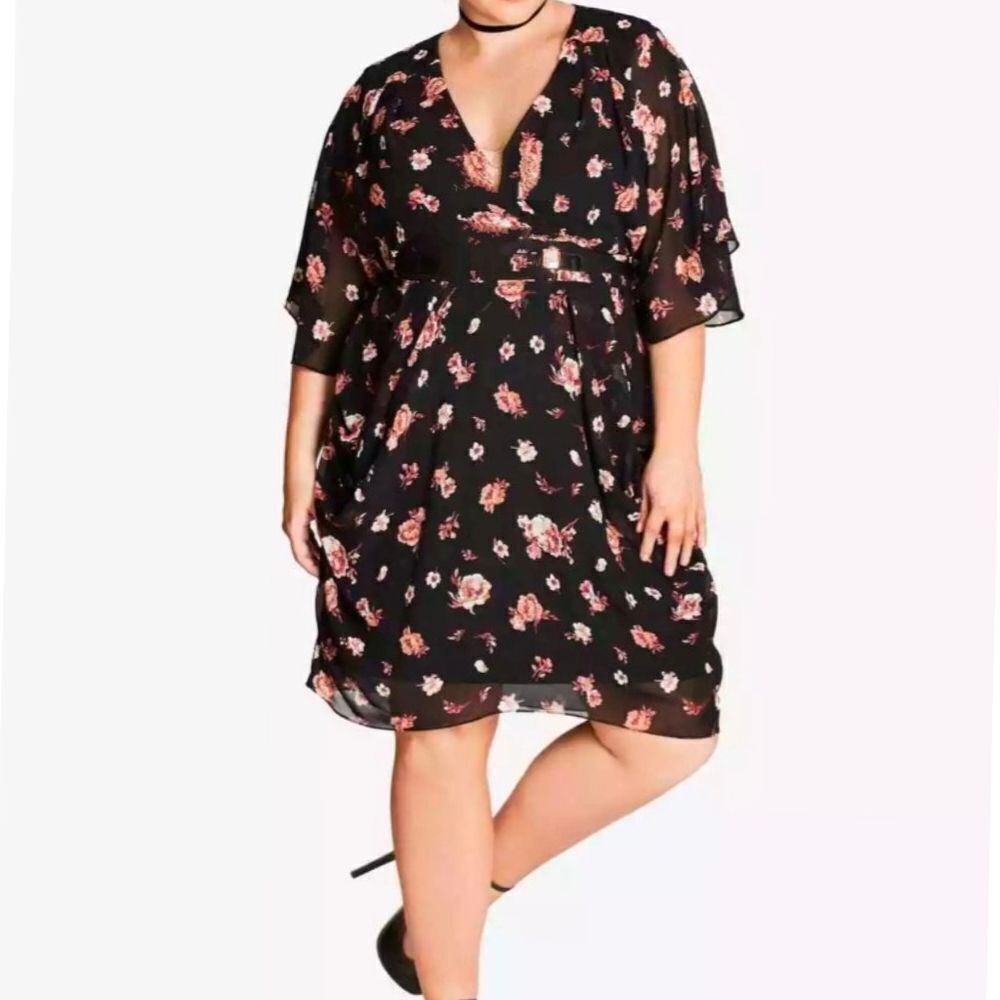 City Chic Black Pink Floral Draped Faux Wrap Party Dress Womens 16